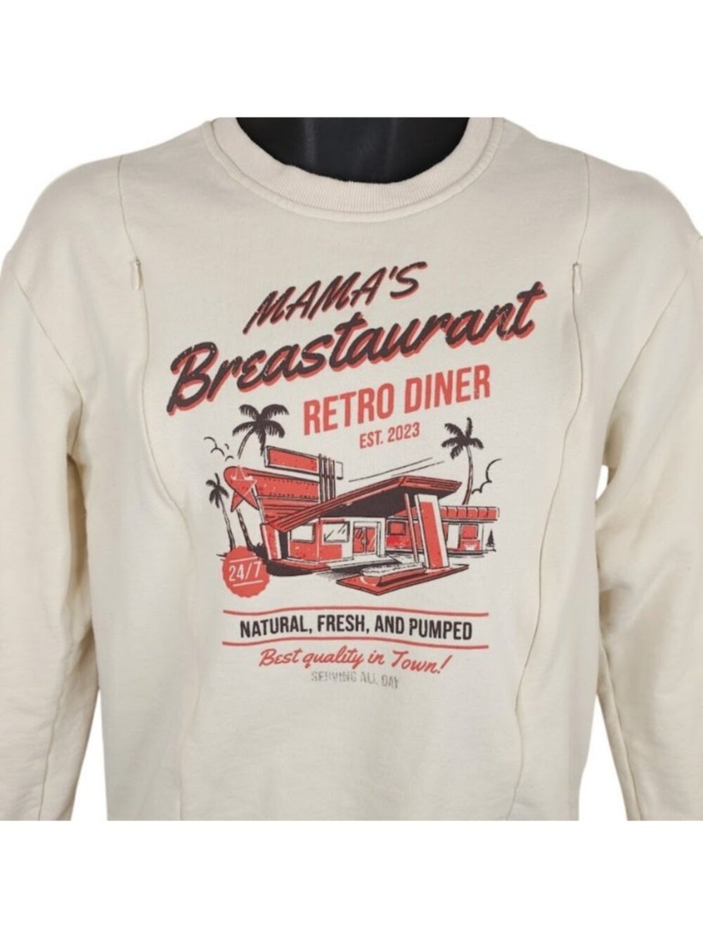 Breastfeeding Sweatshirt Womens Size Small Cream Mamas Breastaurant With Zippers